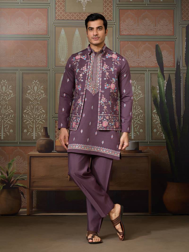 Dusty purple silk premium thread & sequins embroidered work festival party wear straight kurta with jacke and pant
