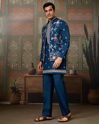 TEAL BLUE SILK PREMIUM THREAD & SEQUINS EMBROIDERED WORK WEDDING FESTIVAL PARTY WEAR STRAIGHT KURTA WITH JACKE AND PANT 9