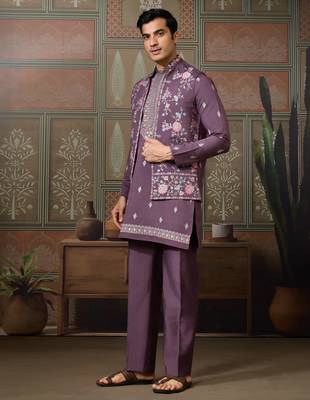 DUSTY PURPLE SILK PREMIUM THREAD & SEQUINS EMBROIDERED WORK FESTIVAL PARTY WEAR STRAIGHT KURTA WITH JACKE AND PANT 8