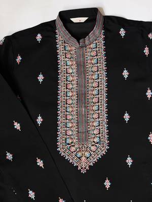BLACK SILK PREMIUM THREAD & SEQUINS EMBROIDERED WORK WEDDING FESTIVAL PARTY WEAR STRAIGHT KURTA WITH JACKE AND PANT 10