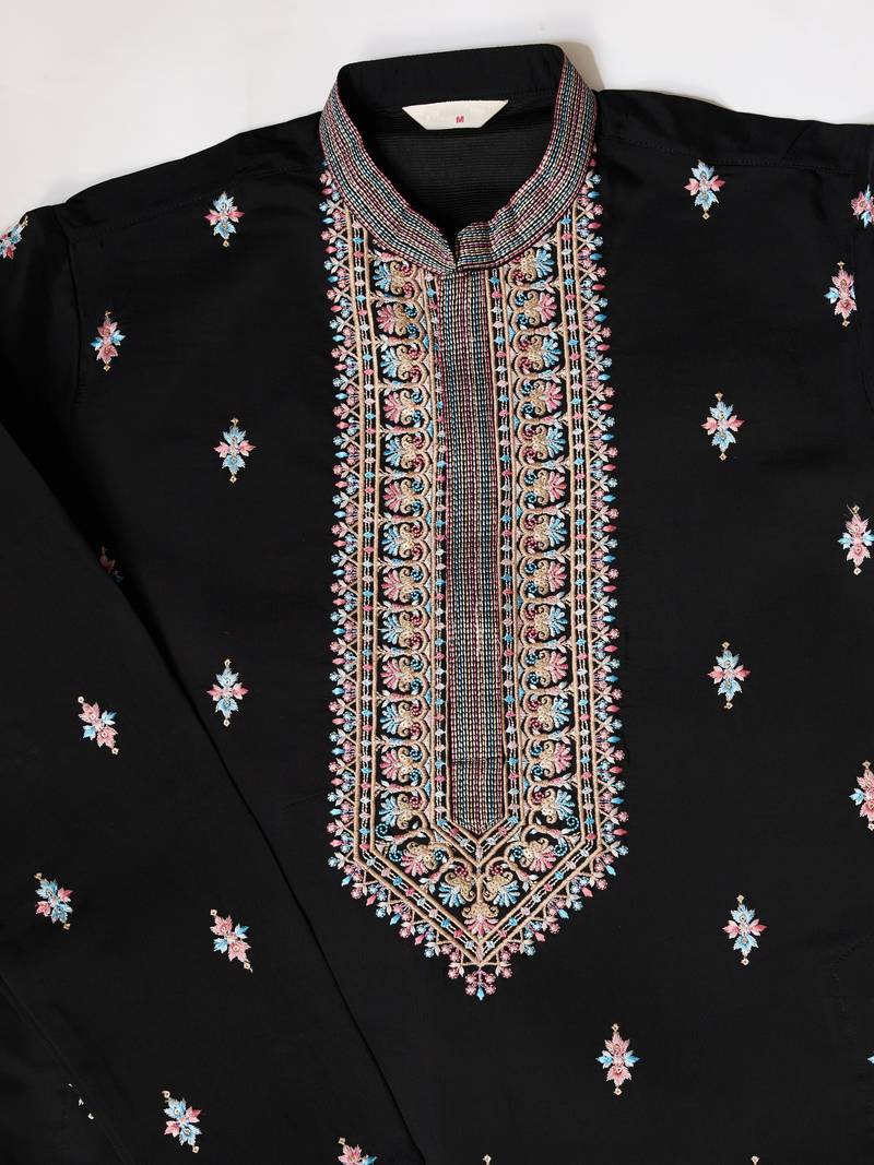 Black silk premium thread & sequins embroidered work wedding festival party wear straight kurta with jacke and pant