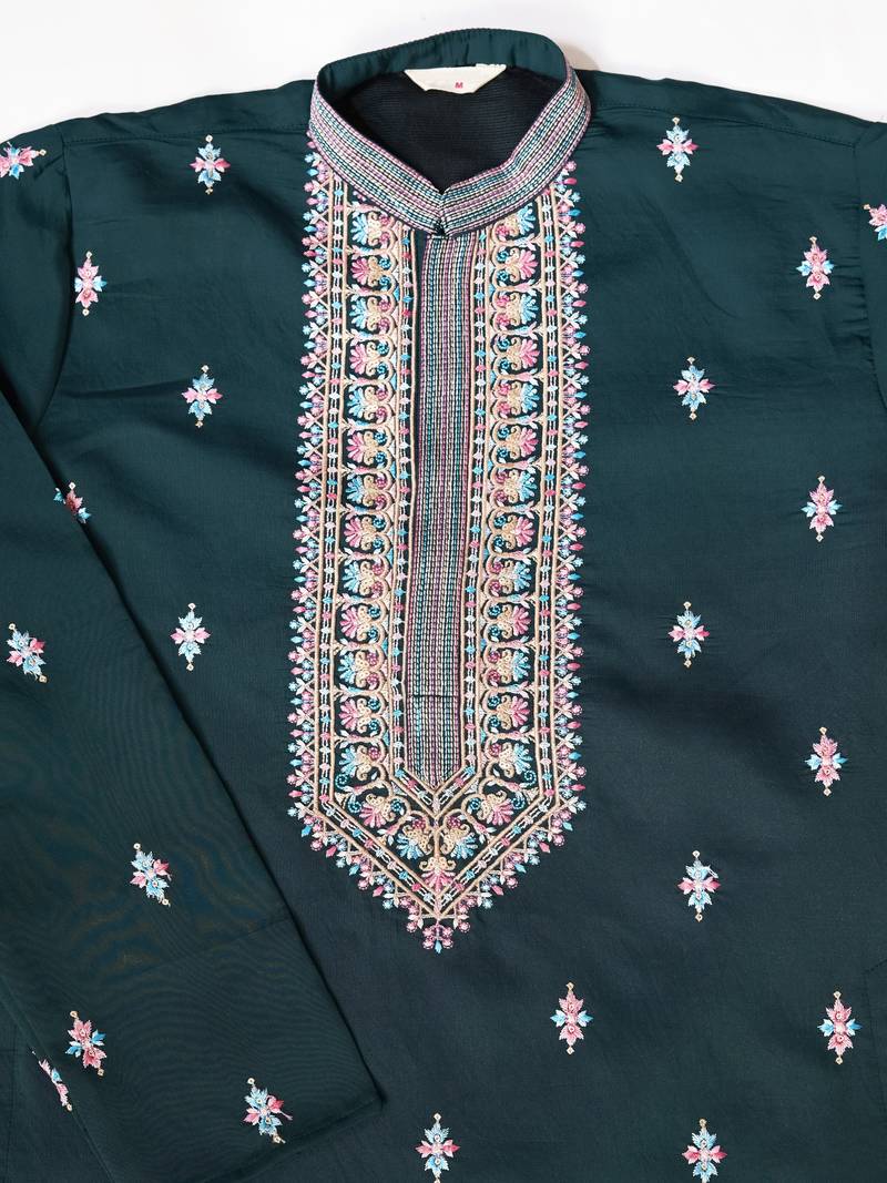 Green silk premium thread & sequins embroidered work wedding festival party wear straight kurta with jacke and pant