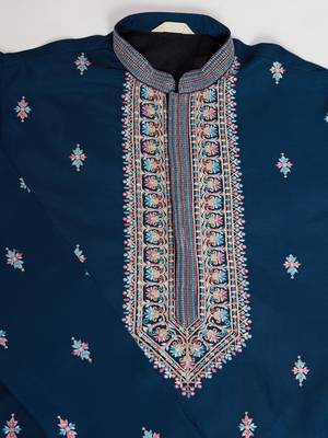 TEAL BLUE SILK PREMIUM THREAD & SEQUINS EMBROIDERED WORK WEDDING FESTIVAL PARTY WEAR STRAIGHT KURTA WITH JACKE AND PANT 11
