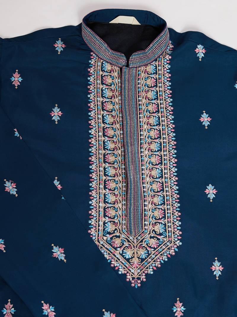 Teal blue silk premium thread & sequins embroidered work wedding festival party wear straight kurta with jacke and pant