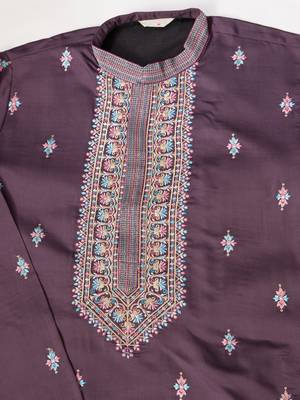 DUSTY PURPLE SILK PREMIUM THREAD & SEQUINS EMBROIDERED WORK FESTIVAL PARTY WEAR STRAIGHT KURTA WITH JACKE AND PANT 10