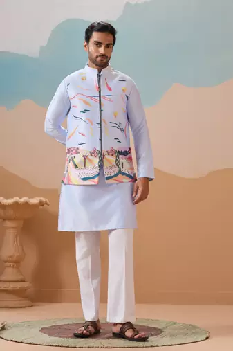 SKY BLUE SILK PREMIUM THREAD & SEQUINS EMBROIDERED WORK WEDDING FESTIVAL PARTY WEAR STRAIGHT KURTA WITH JACKE AND PANT