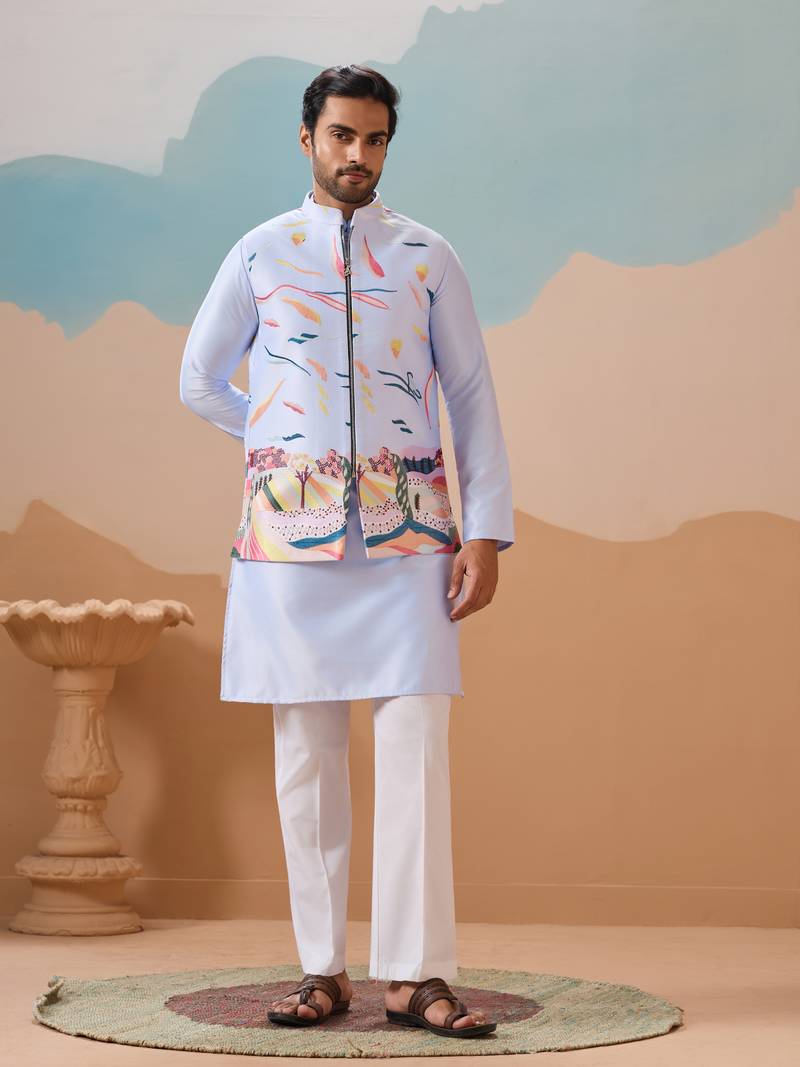 Sky blue silk premium thread & sequins embroidered work wedding festival party wear straight kurta with jacke and pant