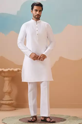WHITE SILK PREMIUM THREAD & SEQUINS EMBROIDERED WORK WEDDING FESTIVAL PARTY WEAR STRAIGHT KURTA WITH JACKE AND PANT
