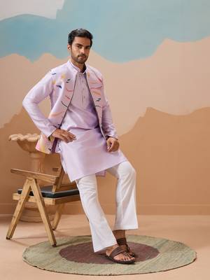 LAVENDER SILK PREMIUM THREAD & SEQUINS EMBROIDERED WORK WEDDING FESTIVAL PARTY WEAR STRAIGHT KURTA WITH JACKE AND PANT 7