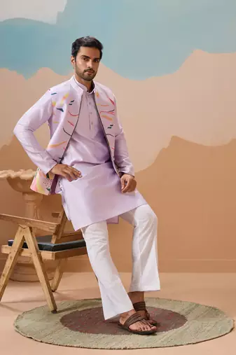 LAVENDER SILK PREMIUM THREAD & SEQUINS EMBROIDERED WORK WEDDING FESTIVAL PARTY WEAR STRAIGHT KURTA WITH JACKE AND PANT