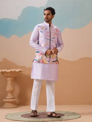 LAVENDER SILK PREMIUM THREAD & SEQUINS EMBROIDERED WORK WEDDING FESTIVAL PARTY WEAR STRAIGHT KURTA WITH JACKE AND PANT 8