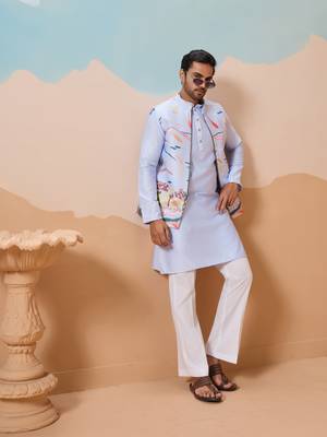 SKY BLUE SILK PREMIUM THREAD & SEQUINS EMBROIDERED WORK WEDDING FESTIVAL PARTY WEAR STRAIGHT KURTA WITH JACKE AND PANT 8