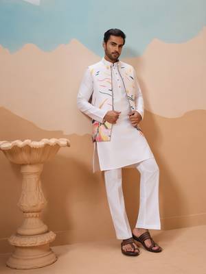 WHITE SILK PREMIUM THREAD & SEQUINS EMBROIDERED WORK WEDDING FESTIVAL PARTY WEAR STRAIGHT KURTA WITH JACKE AND PANT 8