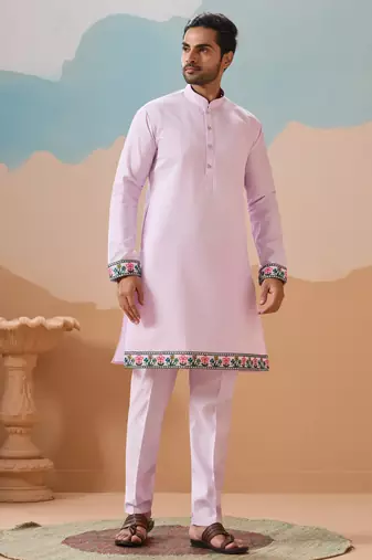 LAVENDER VISCOSE SILK THREAD & SEQUINS EMBROIDERED WORK WEDDING FESTIVAL PARTY WEAR STRAIGHT KURTA WITH JACKE AND PANT