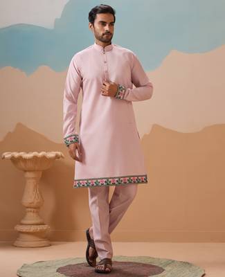 LIGHT PINK VISCOSE SILK THREAD & SEQUINS EMBROIDERED WORK WEDDING FESTIVAL PARTY WEAR STRAIGHT KURTA WITH JACKE AND PANT 7