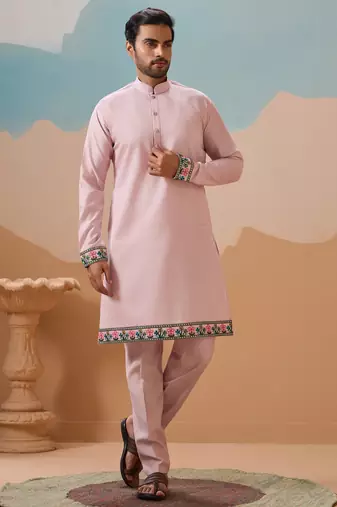 LIGHT PINK VISCOSE SILK THREAD & SEQUINS EMBROIDERED WORK WEDDING FESTIVAL PARTY WEAR STRAIGHT KURTA WITH JACKE AND PANT