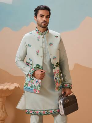 PISTA GREEN VISCOSE SILK THREAD SEQUINS EMBROIDERED WORK WEDDING FESTIVAL PARTY WEAR STRAIGHT KURTA WITH JACKE AND PANT 7