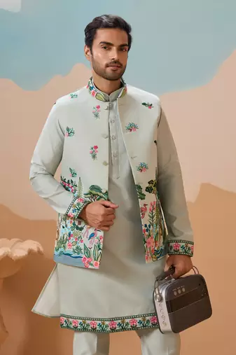 PISTA GREEN VISCOSE SILK THREAD SEQUINS EMBROIDERED WORK WEDDING FESTIVAL PARTY WEAR STRAIGHT KURTA WITH JACKE AND PANT