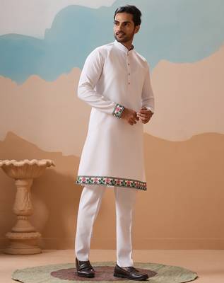 WHITE VISCOSE SILK THREAD & SEQUINS EMBROIDERED WORK WEDDING FESTIVAL PARTY WEAR STRAIGHT KURTA WITH JACKE AND PANT 7