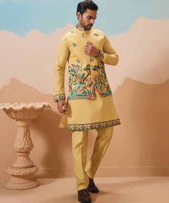 YELLOW VISCOSE SILK THREAD & SEQUINS EMBROIDERED WORK WEDDING FESTIVAL PARTY WEAR STRAIGHT KURTA WITH JACKE AND PANT 7