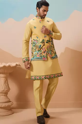 YELLOW VISCOSE SILK THREAD & SEQUINS EMBROIDERED WORK WEDDING FESTIVAL PARTY WEAR STRAIGHT KURTA WITH JACKE AND PANT