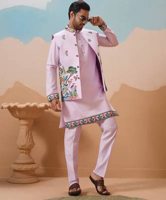 LAVENDER VISCOSE SILK THREAD & SEQUINS EMBROIDERED WORK WEDDING FESTIVAL PARTY WEAR STRAIGHT KURTA WITH JACKE AND PANT 8