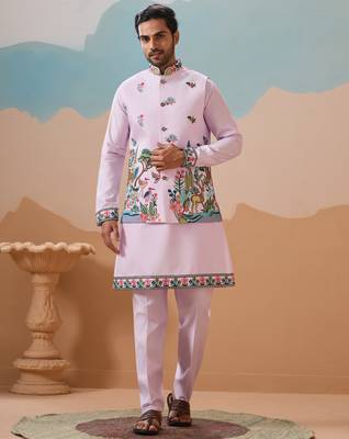 LAVENDER VISCOSE SILK THREAD & SEQUINS EMBROIDERED WORK WEDDING FESTIVAL PARTY WEAR STRAIGHT KURTA WITH JACKE AND PANT 9