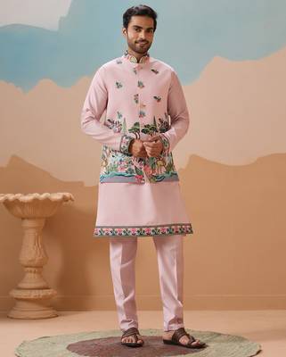LIGHT PINK VISCOSE SILK THREAD & SEQUINS EMBROIDERED WORK WEDDING FESTIVAL PARTY WEAR STRAIGHT KURTA WITH JACKE AND PANT 8