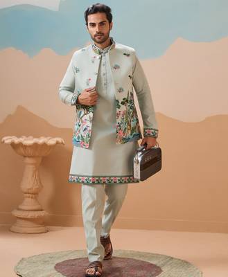 PISTA GREEN VISCOSE SILK THREAD SEQUINS EMBROIDERED WORK WEDDING FESTIVAL PARTY WEAR STRAIGHT KURTA WITH JACKE AND PANT 8