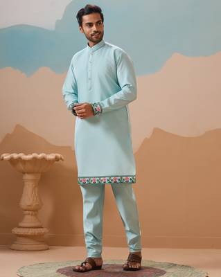 SKY BLUE VISCOSE SILK THREAD & SEQUINS EMBROIDERED WORK WEDDING FESTIVAL PARTY WEAR STRAIGHT KURTA WITH JACKE AND PANT 8