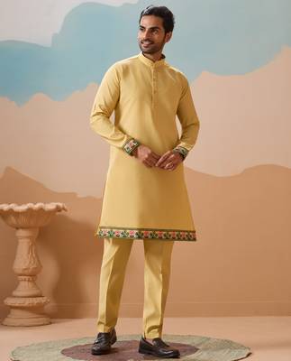 YELLOW VISCOSE SILK THREAD & SEQUINS EMBROIDERED WORK WEDDING FESTIVAL PARTY WEAR STRAIGHT KURTA WITH JACKE AND PANT 8