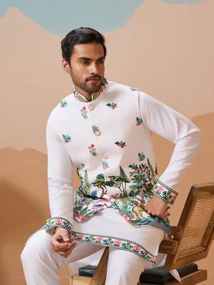 WHITE VISCOSE SILK THREAD & SEQUINS EMBROIDERED WORK WEDDING FESTIVAL PARTY WEAR STRAIGHT KURTA WITH JACKE AND PANT 8