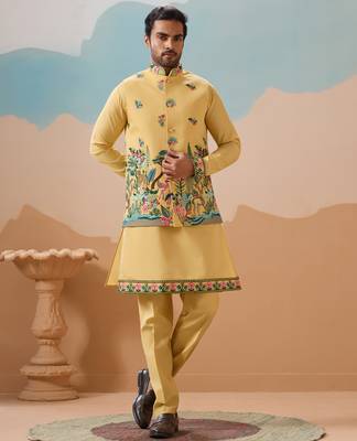 YELLOW VISCOSE SILK THREAD & SEQUINS EMBROIDERED WORK WEDDING FESTIVAL PARTY WEAR STRAIGHT KURTA WITH JACKE AND PANT 9