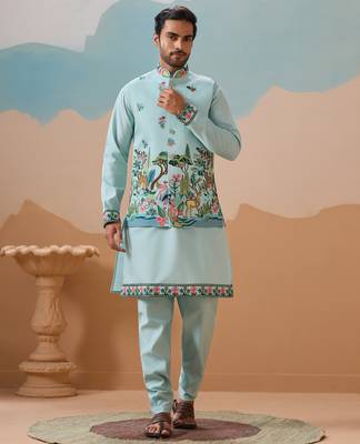 SKY BLUE VISCOSE SILK THREAD & SEQUINS EMBROIDERED WORK WEDDING FESTIVAL PARTY WEAR STRAIGHT KURTA WITH JACKE AND PANT 9