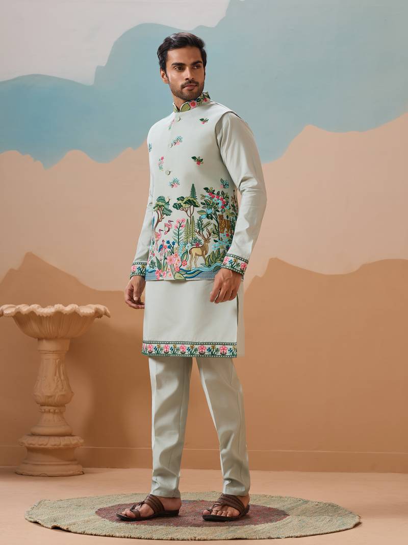Pista green viscose silk thread sequins embroidered work wedding festival party wear straight kurta with jacke and pant