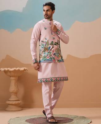 LIGHT PINK VISCOSE SILK THREAD & SEQUINS EMBROIDERED WORK WEDDING FESTIVAL PARTY WEAR STRAIGHT KURTA WITH JACKE AND PANT 9