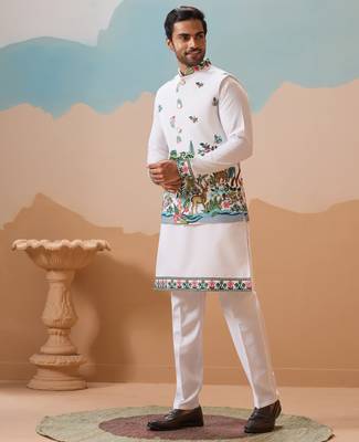 WHITE VISCOSE SILK THREAD & SEQUINS EMBROIDERED WORK WEDDING FESTIVAL PARTY WEAR STRAIGHT KURTA WITH JACKE AND PANT 9