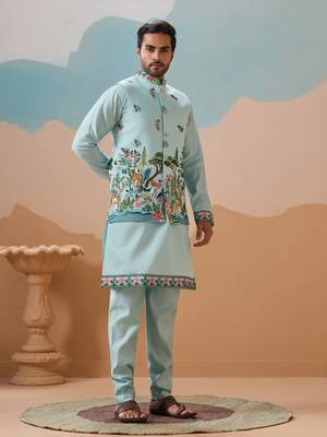 SKY BLUE VISCOSE SILK THREAD & SEQUINS EMBROIDERED WORK WEDDING FESTIVAL PARTY WEAR STRAIGHT KURTA WITH JACKE AND PANT 10