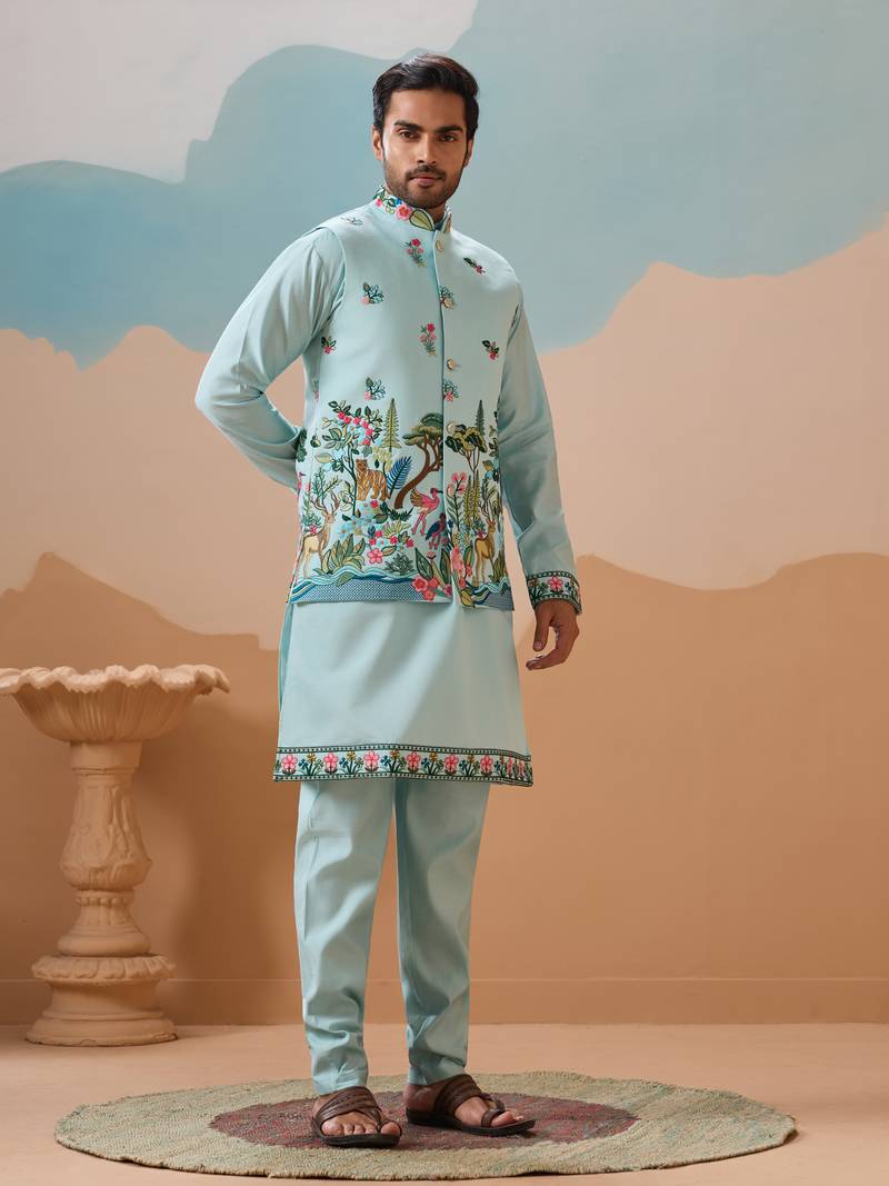 Sky blue viscose silk thread & sequins embroidered work wedding festival party wear straight kurta with jacke and pant
