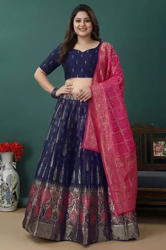 Blue Jacquard Lehenga Choli Customizable Sizes 2XL to 8XL
