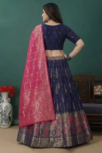Blue Jacquard Lehenga Choli Customizable Sizes 2XL to 6XL