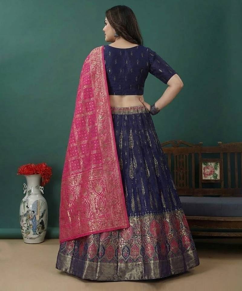 Blue Jacquard Lehenga Choli Customizable Sizes 2XL to 8XL
