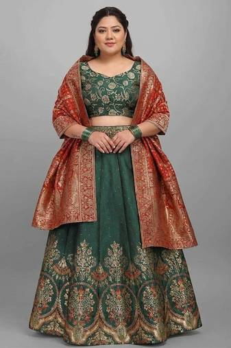 Green Jacquard Lehenga Choli Customizable Sizes 2XL to 8XL