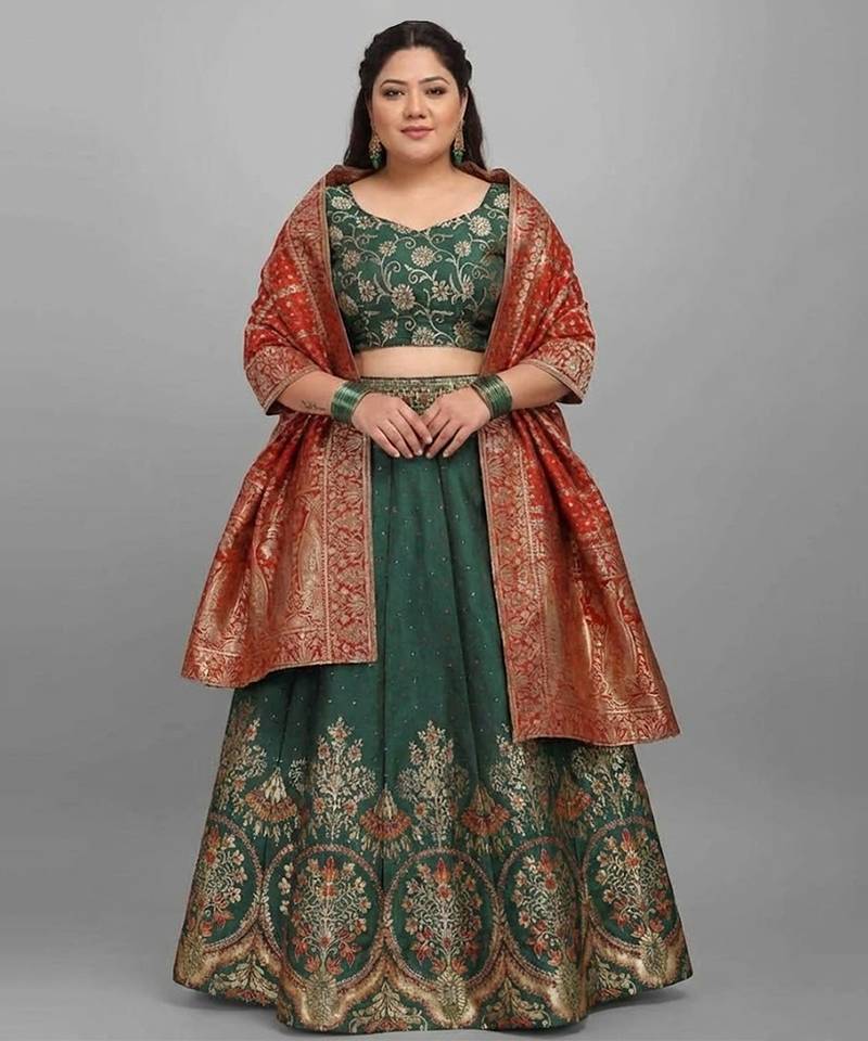 Green Jacquard Lehenga Choli Customizable Sizes 2XL to 8XL