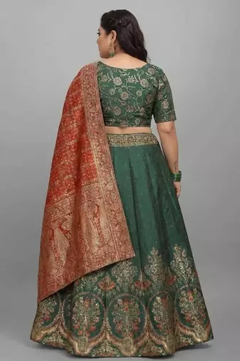 Green Jacquard Lehenga Choli Customizable Sizes 2XL to 6XL