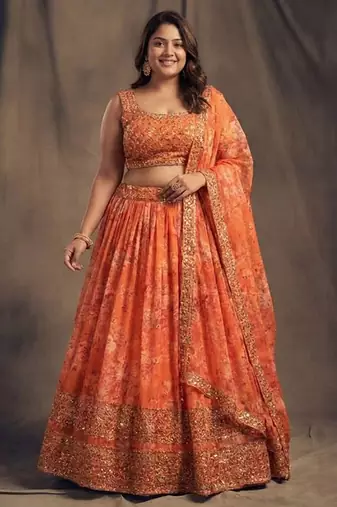 Orange Organza Lehenga Choli With Embroidery Zari Work Customizable Sizes 2XL to 8XL
