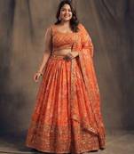 Orange Organza Lehenga Choli With Embroidery Zari Work Customizable Sizes 2XL to 8XL