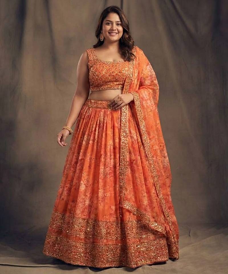 Orange Organza Lehenga Choli With Embroidery Zari Work Customizable Sizes 2XL to 8XL