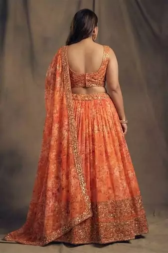 Orange Organza Lehenga Choli With Embroidery Zari Work Customizable Sizes 2XL to 6XL
