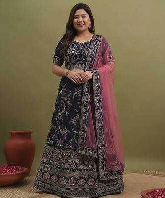Blue And Pink Embroidered Lehenga Choli Customizable Sizes 2XL to 6XL 1
